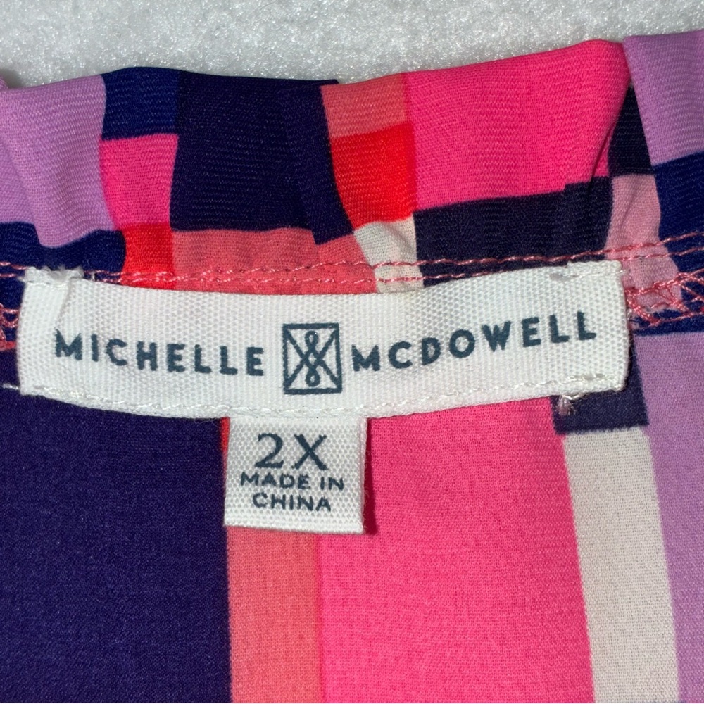 SOLD Michelle McDowell Midi Dress Womens 2X Pink Blue  Ruffle Short Sleeve
